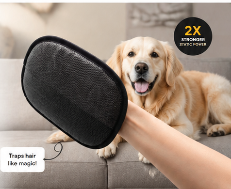 Pet hair removal glove on a sofa